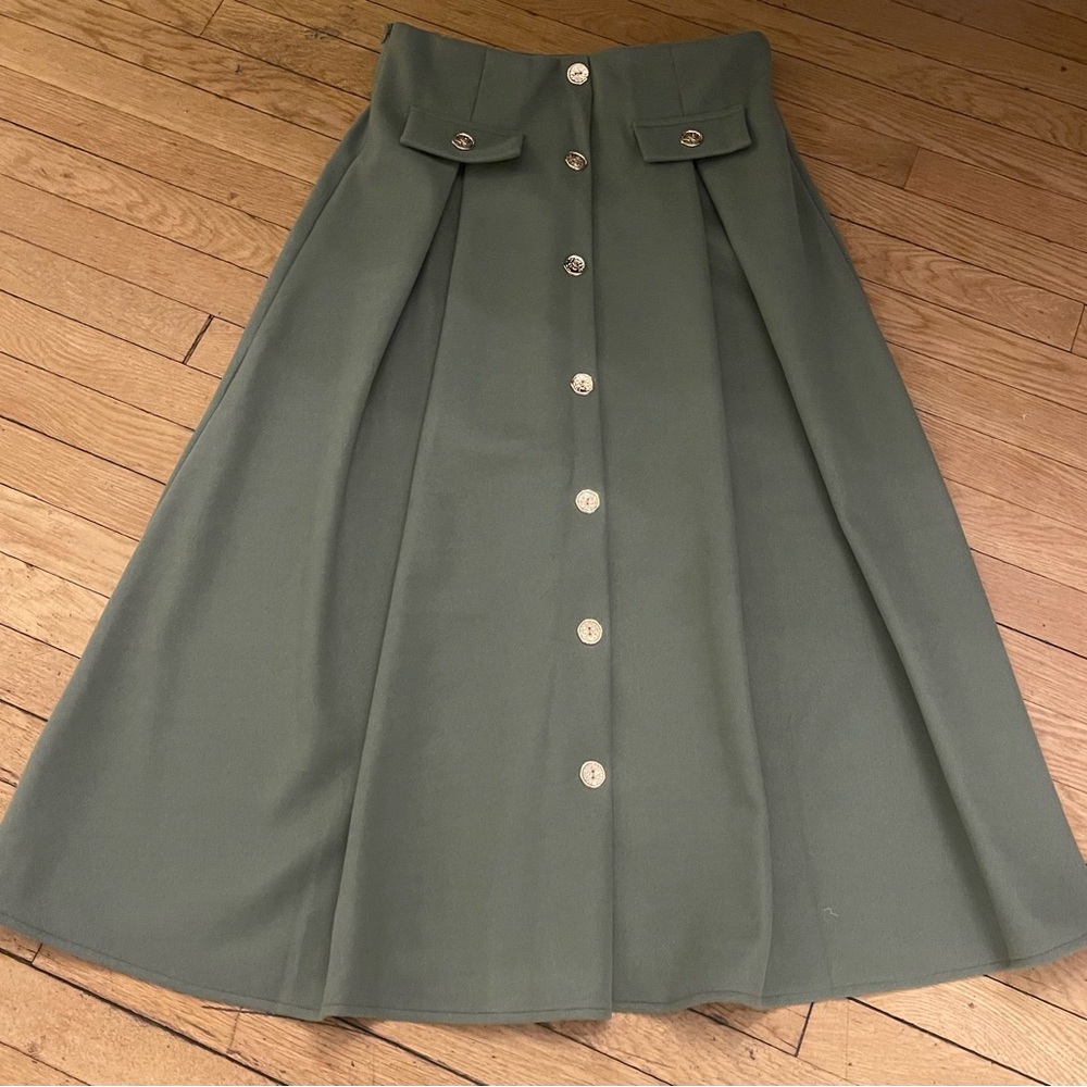 SHEIN Olive Green A-Line Button-Front Midi Skirt